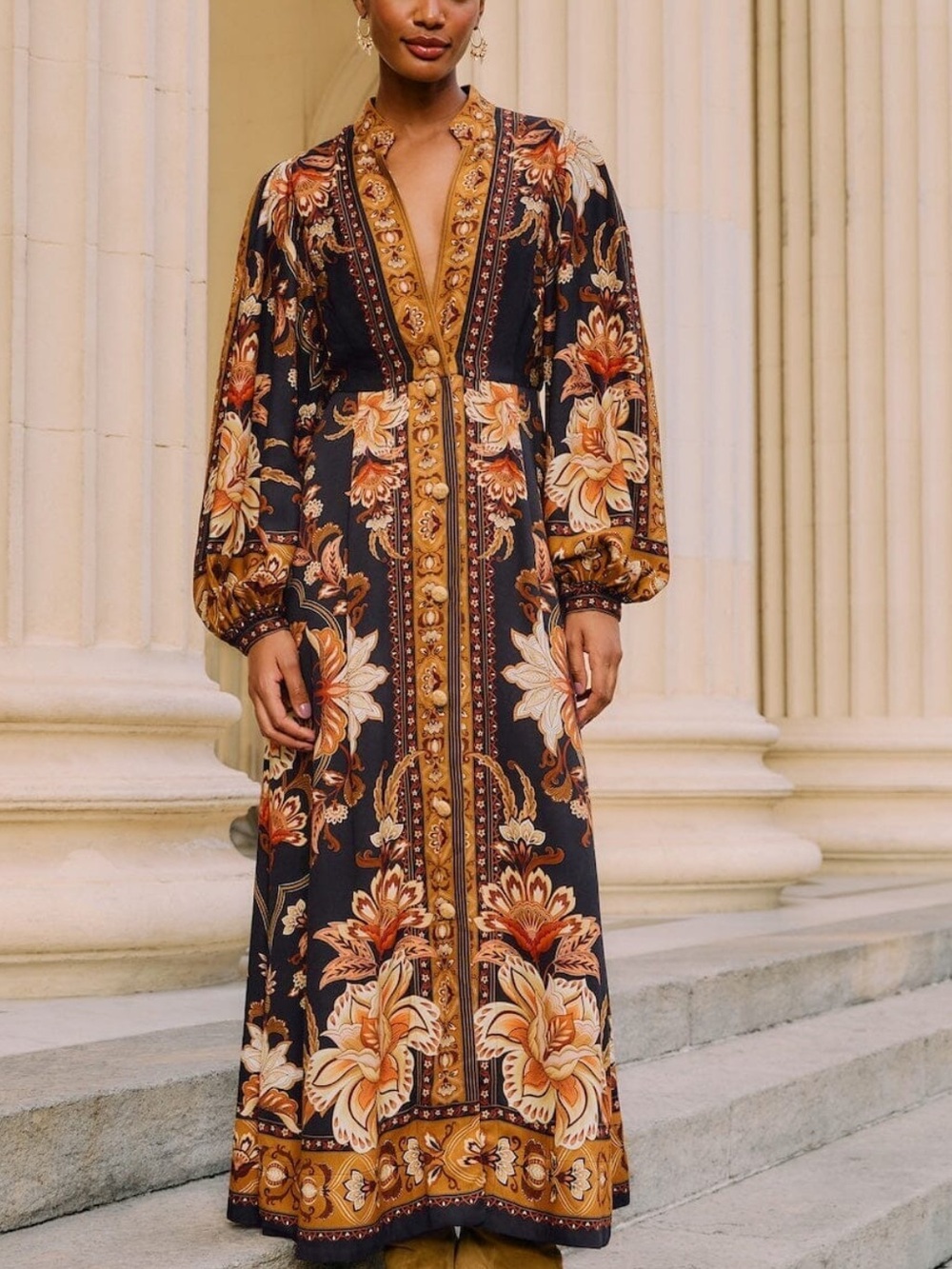 Farm Rio - Black Majestic Garden Buttoned Puff Sleeve Maxi Dress